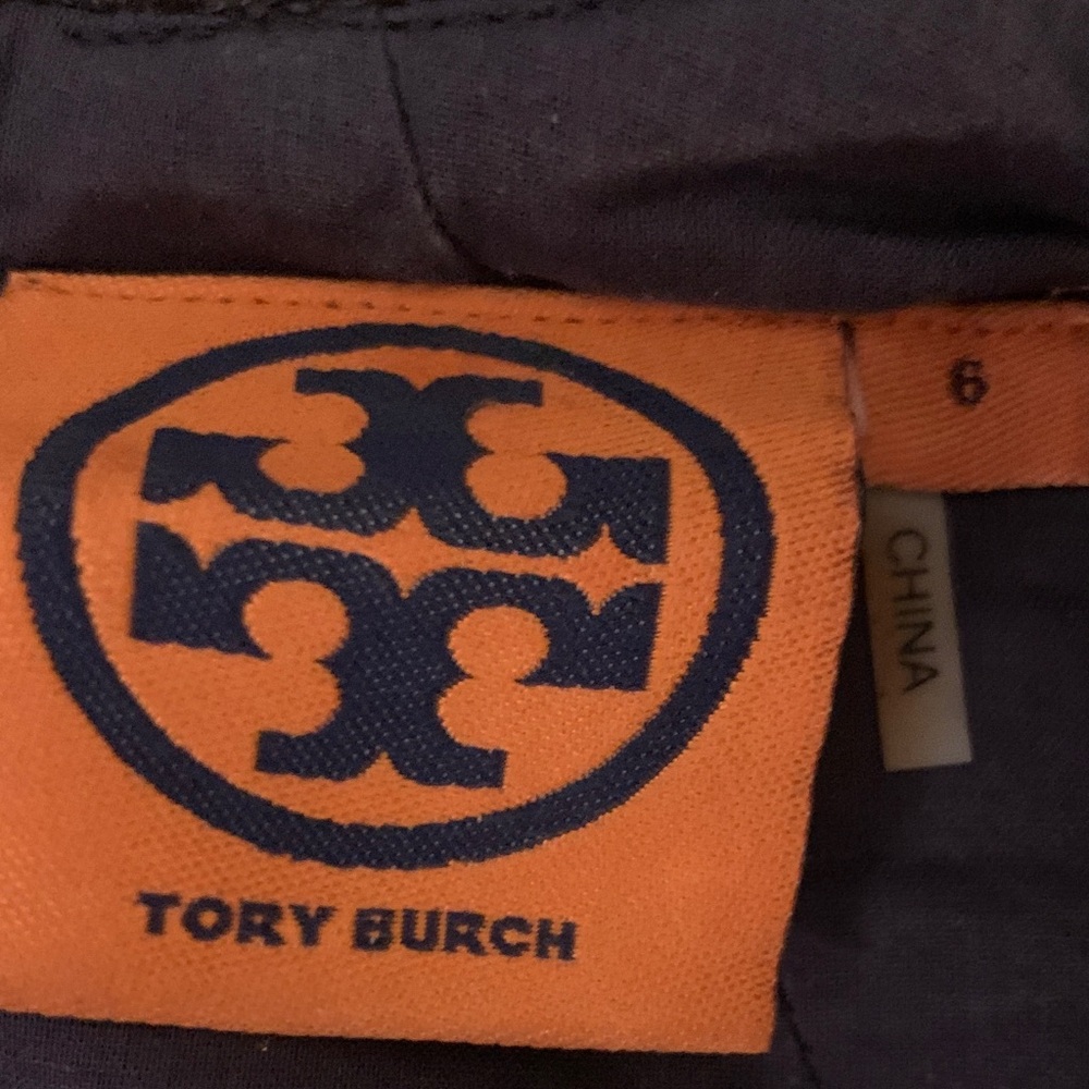 Tory Burch dark blue denim dress with gold button accents & brown leather trim. - Picture 2 of 14